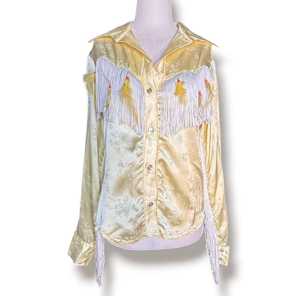 Vintage Butter Yellow Satin Fringe Floral Western Shirt Feather Rodeo Festival - Picture 11 of 11